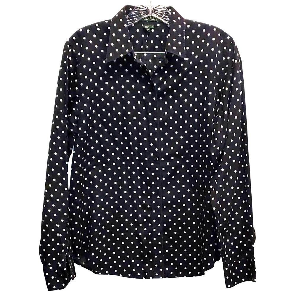 Ralph Lauren Women's Button Down Shirt Long Sleeve Polka Dot Blouse Stripe L